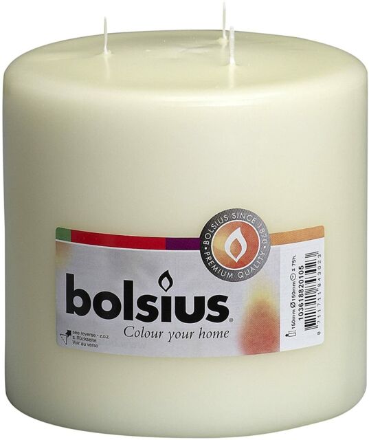 Bolsius 3 Wick Unscented Wax Pillar Candle Ivory 15cmx15x15cm Approx