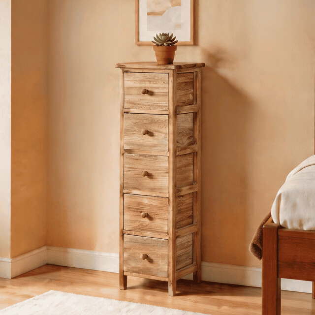 5 Drawer Chest Natural Wooden Tallboy Bedroom Storage Organiser Fully