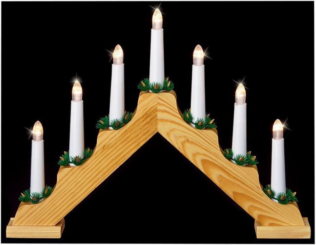 7 Lights Wooden Candlebridge With Warm White Leds - Premier