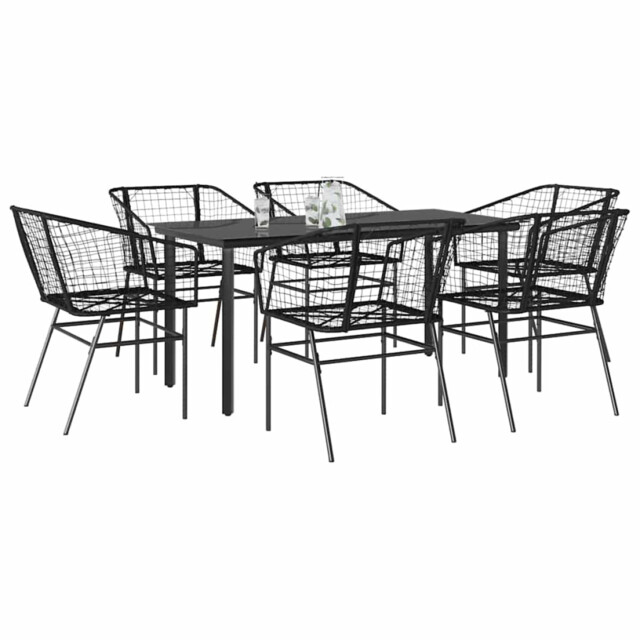 7 Piece Garden Dining Set Black 160x80cm Pe Rattan 6 Chairs Steel