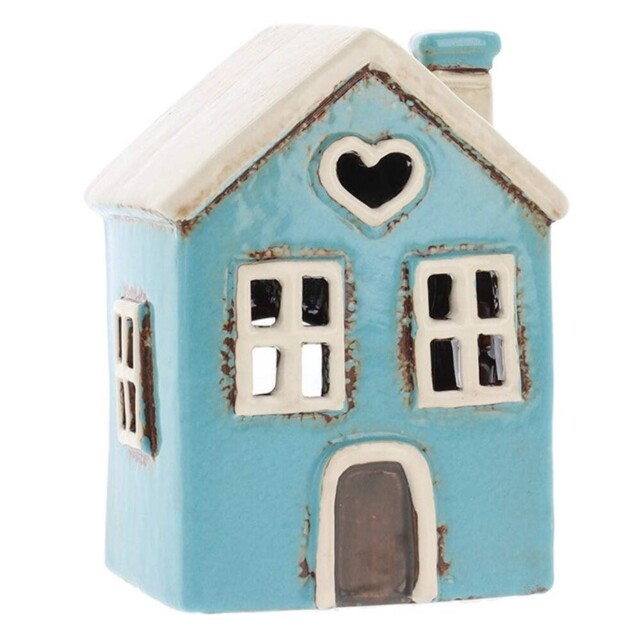 Village Pottery Aqua Heart House Mini Candle Tealight House