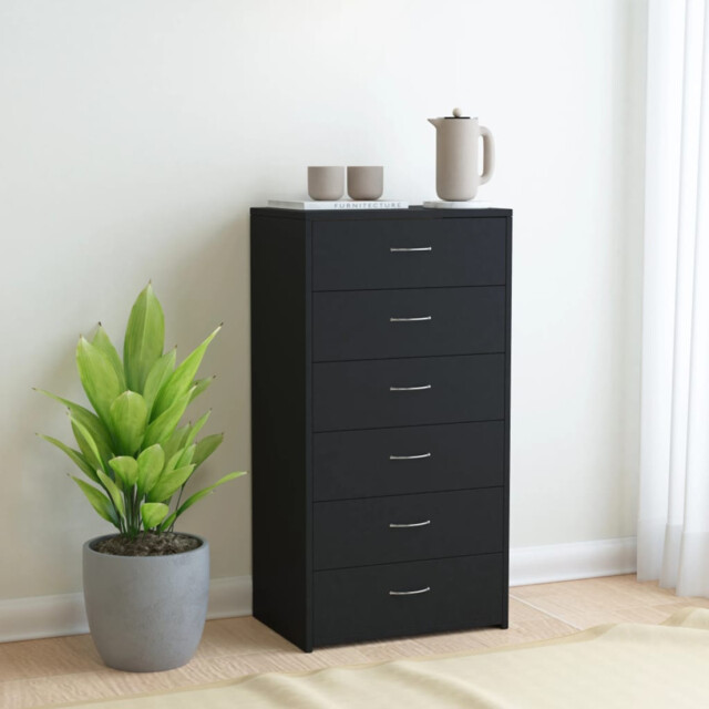 Sideboard Black Engineered Wood 6 Drawers 50x34x96 Cm Compact For