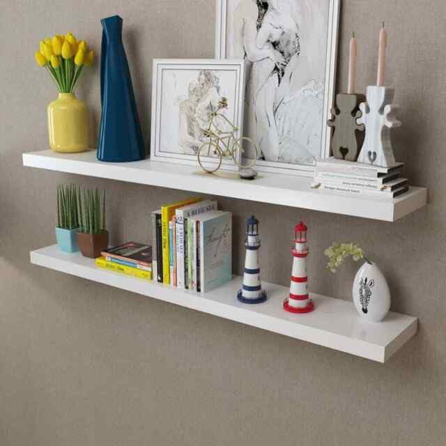 2 White Mdf Floating Wall Display Shelves Book/dvd Storage Vidaxl