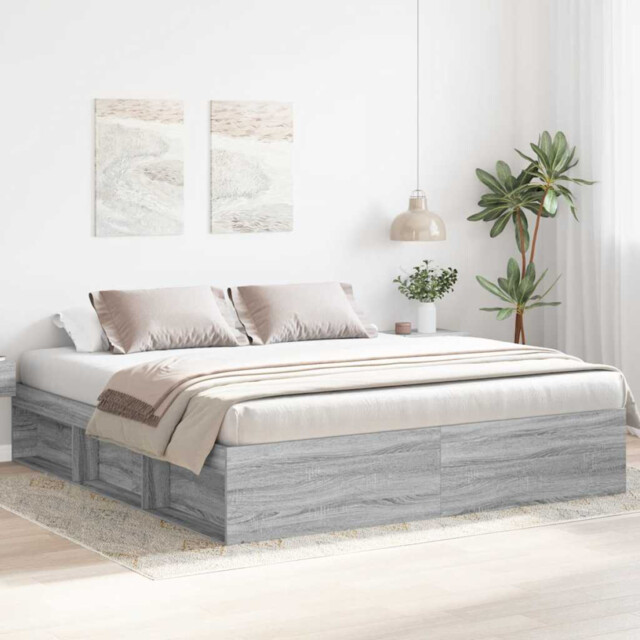 Bed Frame Grey Sonoma 200x200 Cm Engineered Wood Solid Pine 6 Open