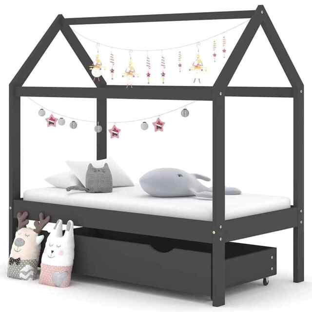 Kids Bed Frame With A Drawer Dark Grey Solid Pine Wood 70x140cm Vidaxl