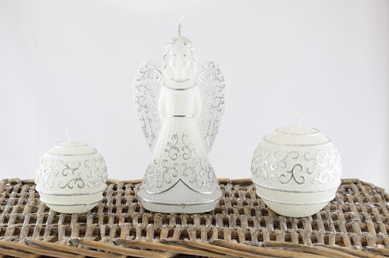Christmas Candles Led Lights Set Of 3 Angel & Balls Silver