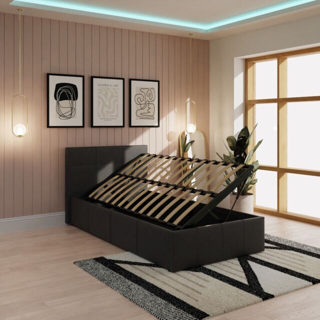 Side Lift Up 3ft Ottoman Bed Single Faux Leather Storage Bed Black