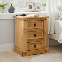 Corona 3 Drawer Bedside Table Cabinet Storage Wax Solid Wood Pine