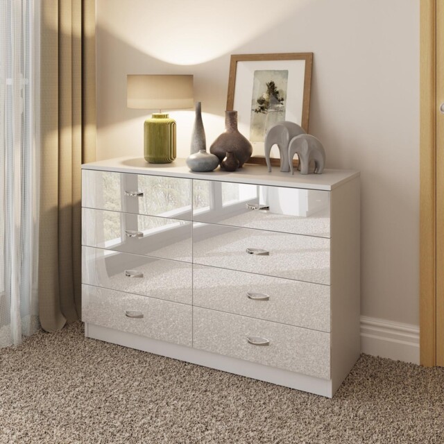 Gloss White Chest Of Drawers Bedside Table Polished Metal Handles Tall