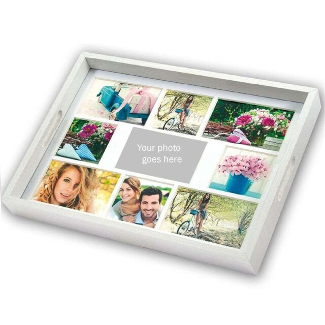 Personalised White Wooden Photo Tray For 9 Custom Photographs Overall