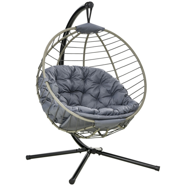 Hanging Egg Chair Grey Pe-rattan 130x103x172cm Foldable Deeper Seat