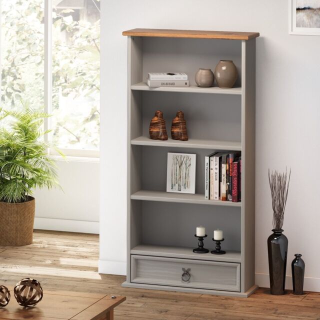 Corona Dvd Rack Grey Painted Wax Bookcase Cd 1 Drawer Solid Wood Pine