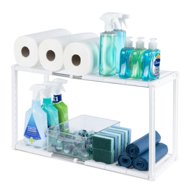 Livivo Under Sink Storage Shelf White Adjustable Extendable Organiser