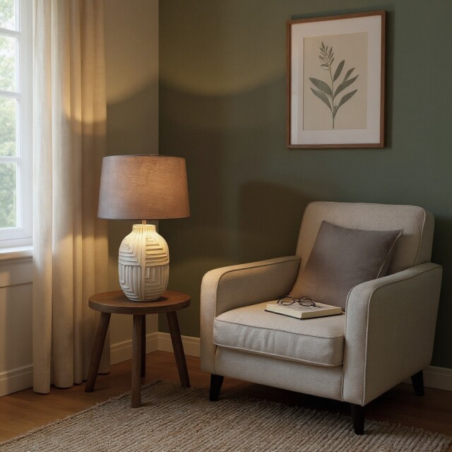 Stone Look Ceramic Table Lamp Large 50cm -drum Shade Modern Abstract