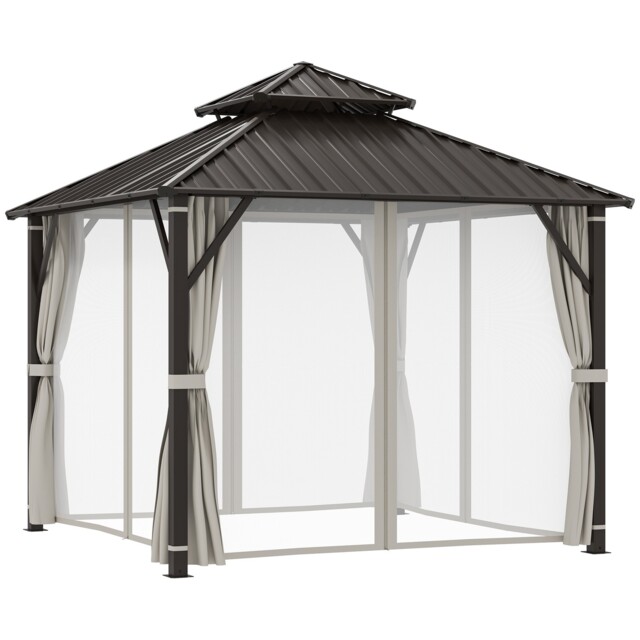 Outsunny 3 X 3(m) Hardtop Gazebo With Metal Roof, Netting And Curtains