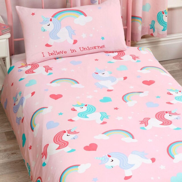I Believe In Unicorns Single Duvet Cover & Pillowcase Rainbows Hearts