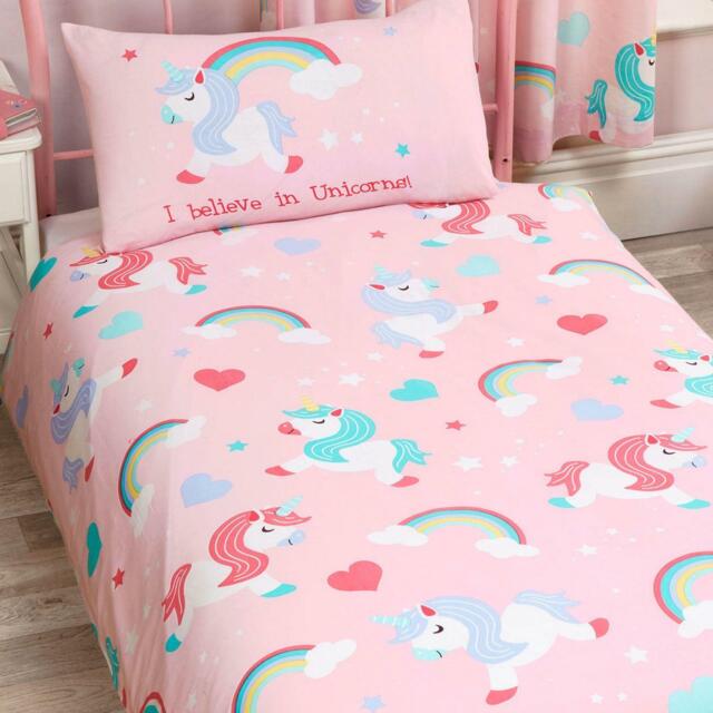 I Believe In Unicorns Single Duvet Cover & Pillowcase Rainbows Hearts