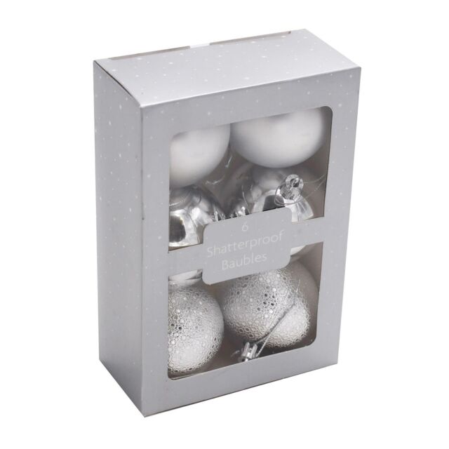 Christmas Tree Decoration 6 Pack Shatterproof Baubles 60mm - Silver