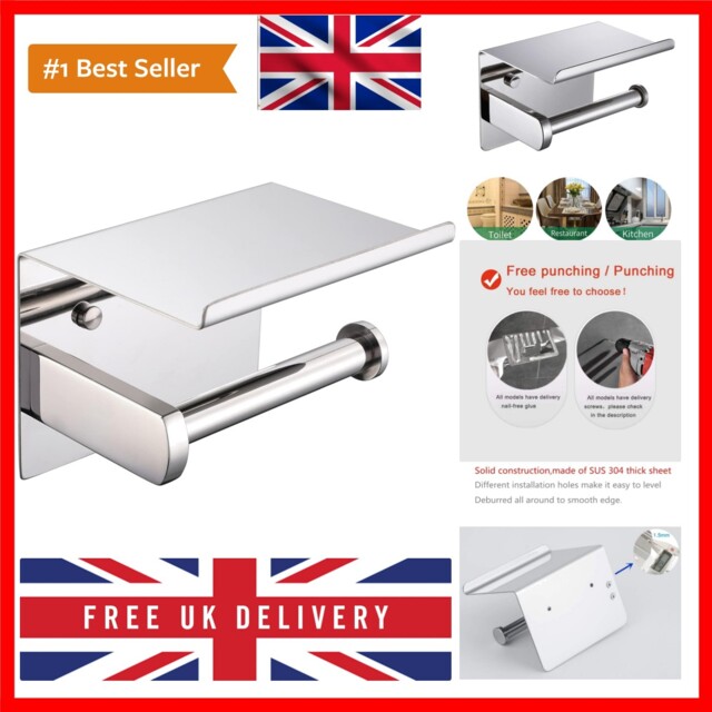 Toilet Paper Roll Holder With Shelf, Stainless Steel Polished Chrome