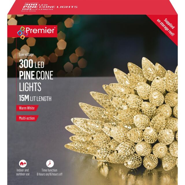 300 Led Pine Cone Lights Warm White Multi-action Christmas Decoration