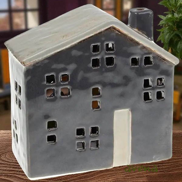 Village Pottery Tealight Candle Holder Grey Large House Ornament Gift