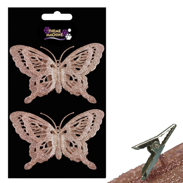 Christmas 2 Pack Clip On Glitter Butterfly Tree Decoration - Rose Gold