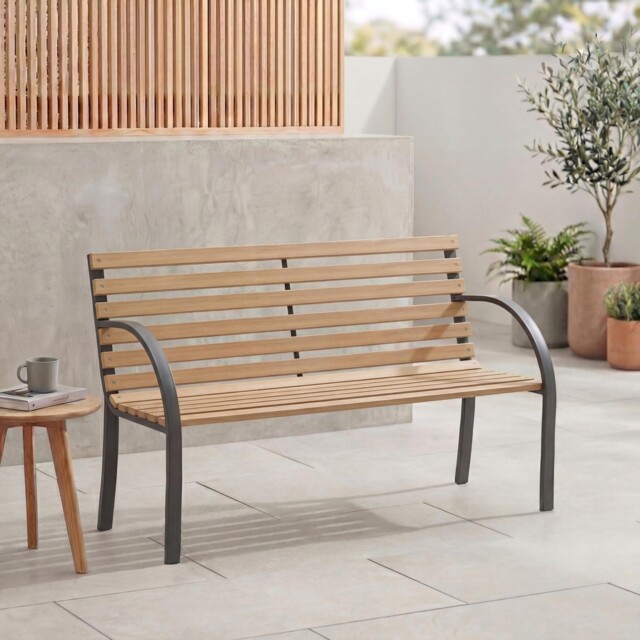 Wooden Outdoor Garden Bench - Slatted Seat, Steel Legs, Patio