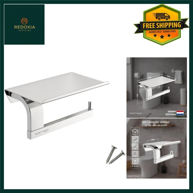 Stylish Chrome Wall Mount Toilet Roll Holder With Phone Shelf,