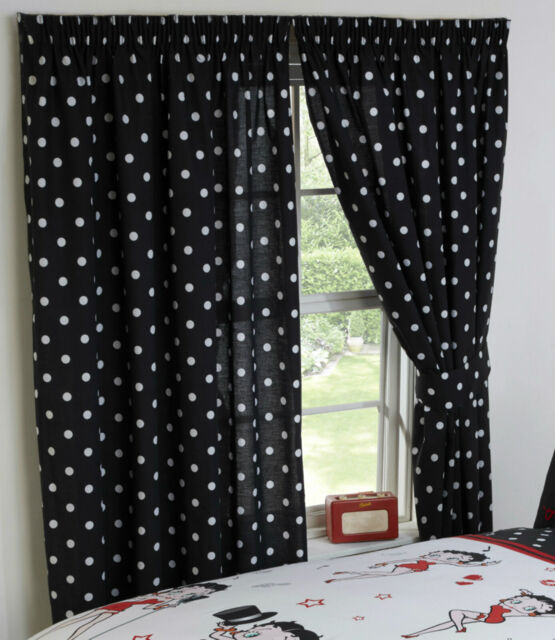 "Betty Boop 66"" X 72"" Unlined Curtains Black White Spots Polka Dots Tie"
