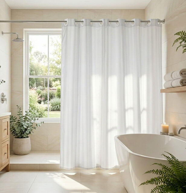 Croydex White Stripe Hookless Shower Curtain Waterproof Cling