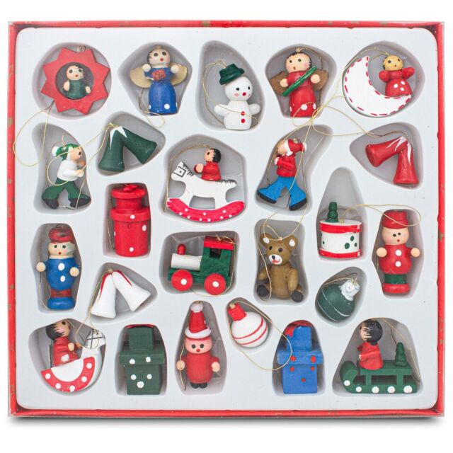 24 Pcs Wooden Xmas Figurines Set Hanging Christmas Tree Decoration