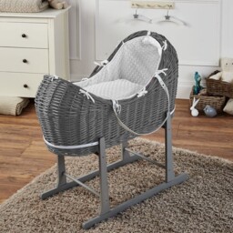 Fylo Pod Grey Wicker Moses Basket With Rocking Stand & Mattress -
