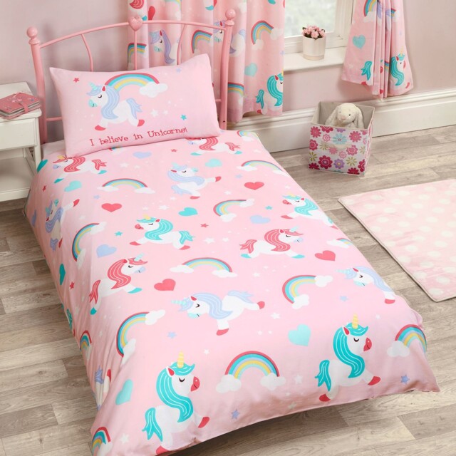I Believe In Unicorns Single Duvet Cover Set Rainbow Pink Chlidrens