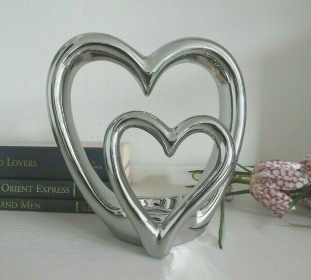 Silver Tone Ceramic Double Heart Tea Light Holder