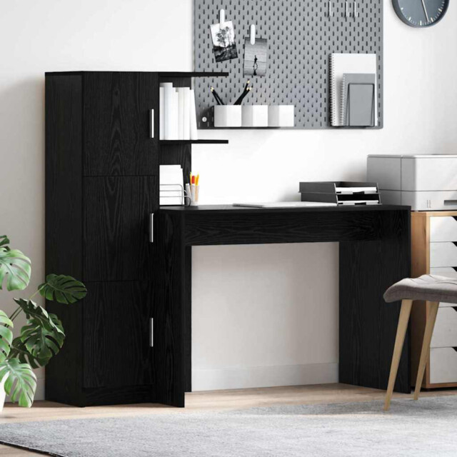 Desk Black Oak 102x50x124cm Engineered Wood With Hinge Door Cupboard