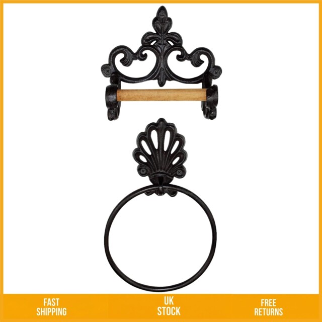 Rustic Cast Iron Toilet Roll Holder And Towel Ring Set Vintage