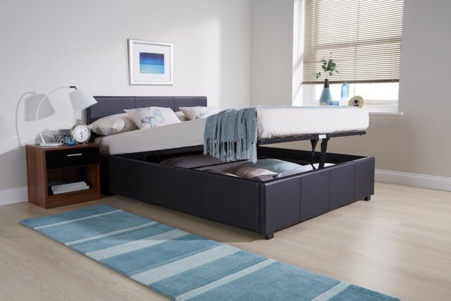 End Lift Bed King Ottoman Faux Leather Lift Storage Black Pocket