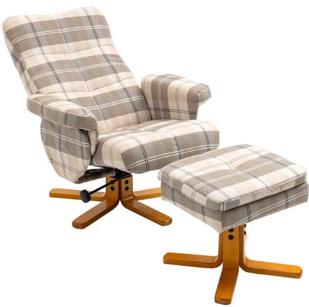 Recliner Chair And Footstool Linen-touch Fabric Wooden Base