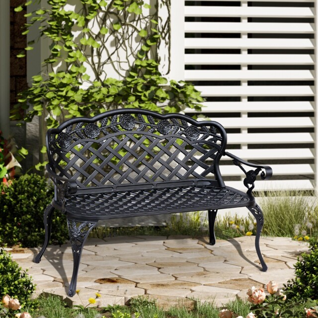 Garden Bench Cast Aluminium Backrest Outdoor Chair Park Seat Black 2