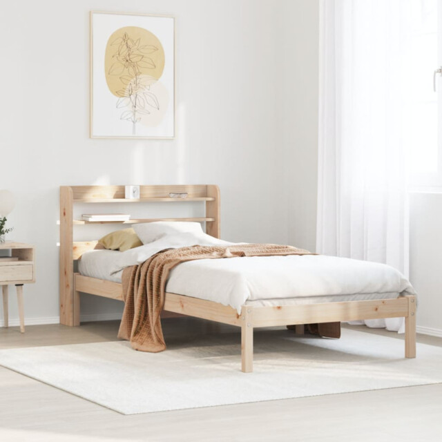 Bed Frame Solid Pine Natural 90x200 Cm Single With Headboard Shelves