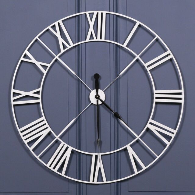 Extra Large 110cm Off White Metal Roman Numeral Wall Clock With Twist