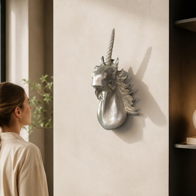 Unicorn Head Silver 45cm Wall Mounted Plaque Decoration Horse