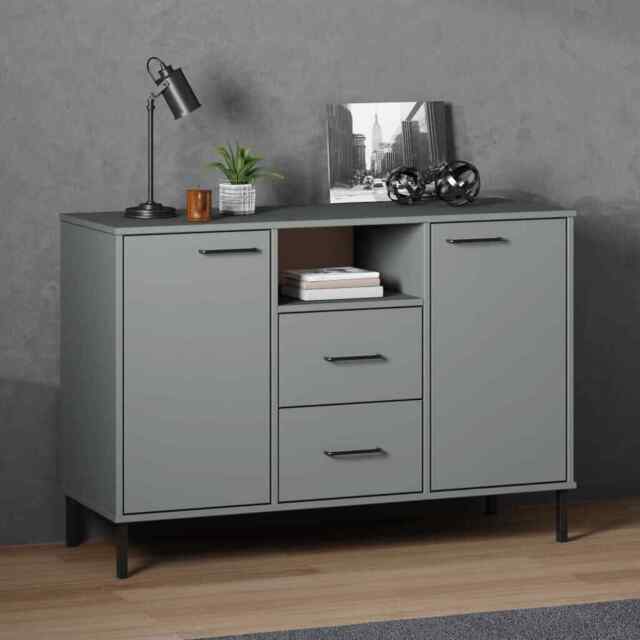 Sideboard With Metal Legs Grey 113x40x77 Cm Solid Wood Oslo Vidaxl