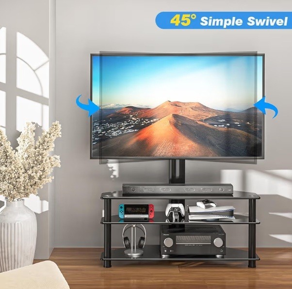 Rfiver Black Tempered Glass Tv Stand For Tvs Up To 70