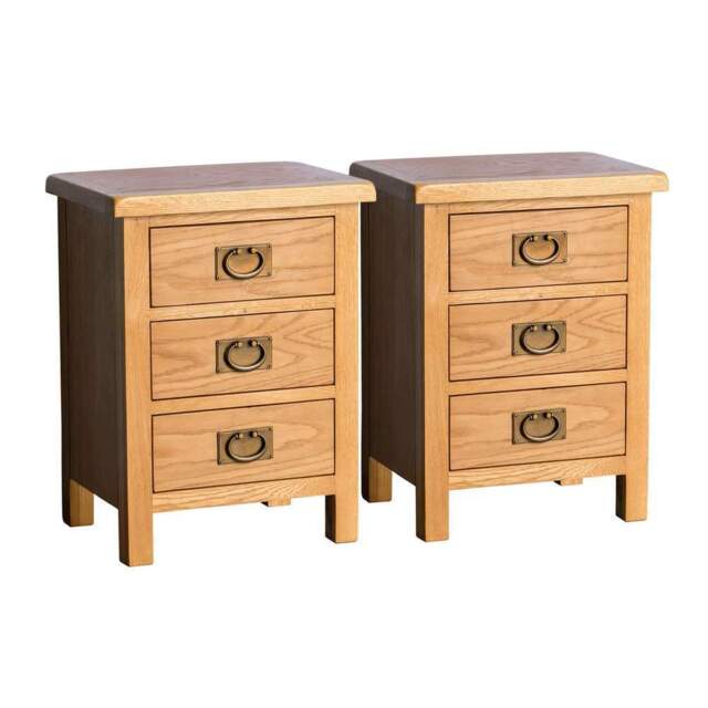 Set Of 2 Oak Bedside Cabinets Tables Solid Wood 3 Drawers Bedroom