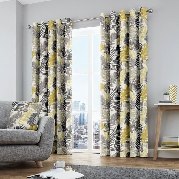 Fusion Tropical Leaf 100% Cotton Eyelet Lined Curtains, Ochre