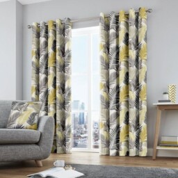 Fusion Tropical Leaf 100% Cotton Eyelet Lined Curtains, Ochre