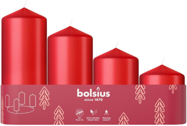 Bolsius Smooth Pillar Candles - Set Of 4 - Advent - Red - Various
