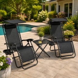Foldable Reclining Sun Chairs Set Of 2 + Table Cup Holder Camping