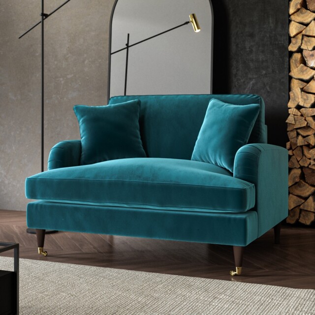 Teal Blue Velvet Loveseat Foam Filled With Dark Wood And Gold Legs